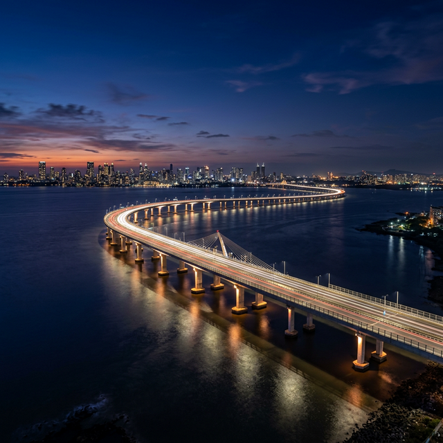 Modern engineering of Atal Setu (MTHL) connecting Mumbai to Navi Mumbai at night